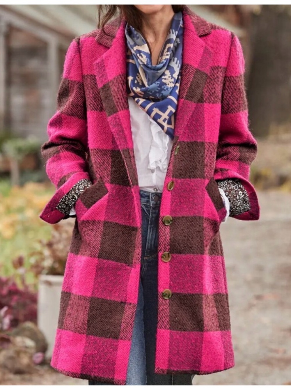 NWT Sundance Pink Brown Checkered Lilas Wool Blend Pea Coat Size Medium